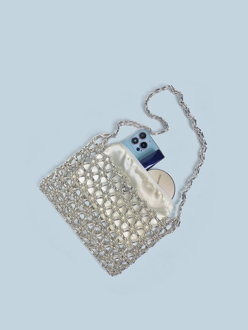 Handmade Woven Beaded Shoulder Bag For Women Silver Metallic Acrylic Hollow Out Underarm Bag Mini Party Evening Purse