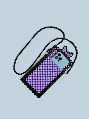 Handmade Beaded Phone Crossbody Bag Acrylic Purple Black Butterfly Bow Pattern Mini Shoulder Pouch For Women