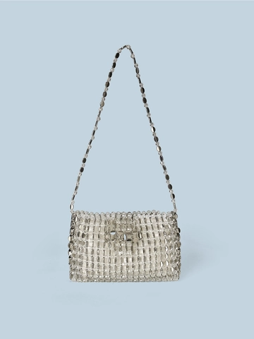 Borsa a Tracolla Intrecciata a Mano con Perline Argento Vintage per Donna Borsa Porta Cellulare Quadrata Piccola con Paillettes Metalliche