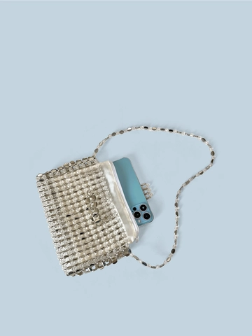 Borsa a Tracolla Intrecciata a Mano con Perline Argento Vintage per Donna Borsa Porta Cellulare Quadrata Piccola con Paillettes Metalliche
