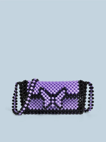 Bolso Bandolera de Cuentas Hecho a Mano para Mujer Cuentas de Acrílico Púrpura Negro Diseño de Lazo de Mariposa Creativo Bolso para Teléfono Móvil Estilo Dulce Bolso de Hombro de Viaje Joyería