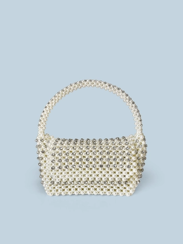 Handgefertigte Künstliche Perlenimitat Strass Abendtasche Damen Elegant Gewebte Braut Hochzeit Party Kleine Box Clutch Weiß