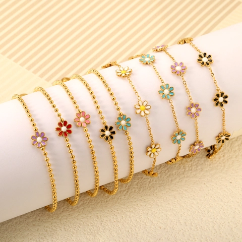 Daisy Flower Bracelet Stainless Steel 18K Gold Plated Enamel Floral Adjustable Chain Jewelry For Women Elegant