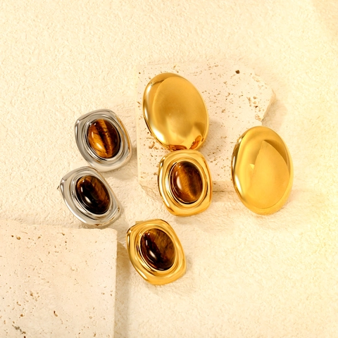 Orecchini A Lobo Ovali Occhio Di Tigre Acciaio Inossidabile Finitura Specchio Oro Argento Per Donna
