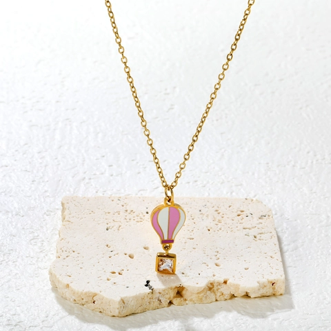 Luchtballon Hanger Ketting Roestvrij Staal Emaille Vierkante Zirkoon Vergulde Sieraden Voor Dames En Meisjes