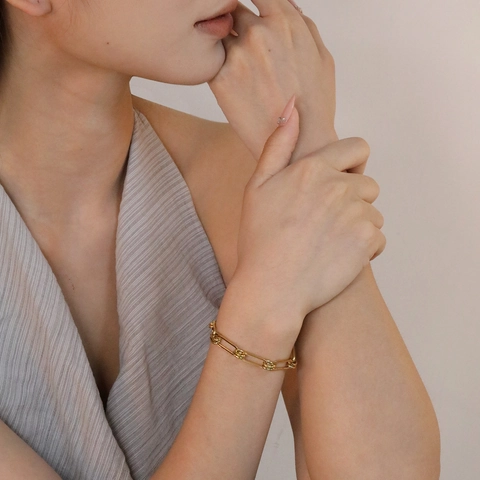 Minimalistische Gouden Roestvrijstalen Schakelarmband Voor Dames Verstelbaar Geometrisch Rechthoekig Ontwerp Sieraden
