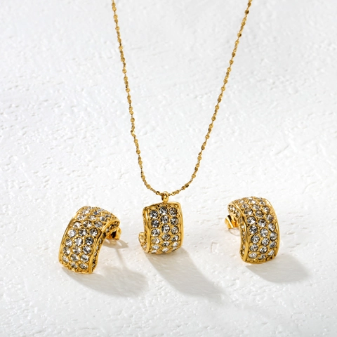Elegante Collana E Orecchini Geometrici Fiore In Acciaio Inossidabile Placcato Oro Zirconia Gioielli Per Donne Stile Lusso