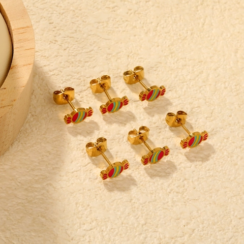 Edelstahl Bonbon Ohrstecker Emaille Bunt Gestreift Vergoldet Süßer Schmuck Für Frauen Mädchen Neuheit
