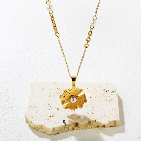 Collana Con Ciondolo Girasole Sunburst Acciaio Inossidabile 304 Con Perla Artificiale Gioielli Vintage Eleganti Per Donna
