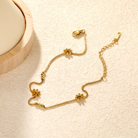 Goldfarbene Blumen Fußkette Edelstahl Box Kette Kleine Perlen Verstellbarer Fußschmuck Für Damen Minimalistischer Waldstil