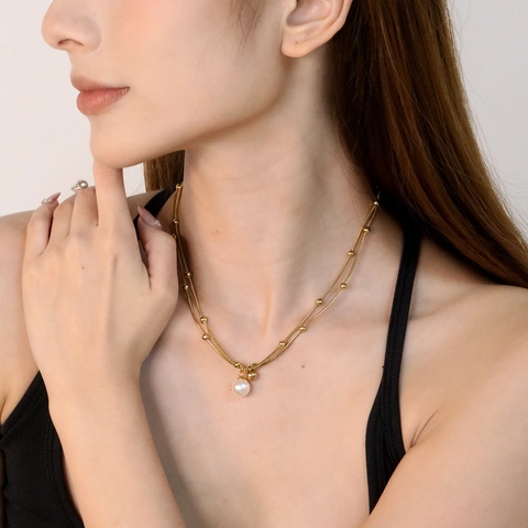 Zweilagige Schlangenkette Halskette 304 Edelstahl Künstliche Perlenanhänger Elegante Goldperlen Schlüsselbeinkette Für Damen