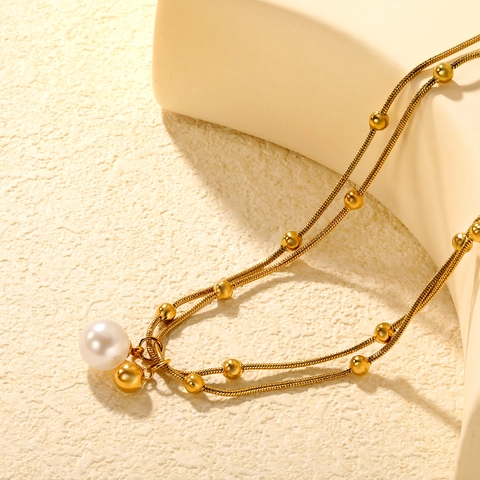 Zweilagige Schlangenkette Halskette 304 Edelstahl Künstliche Perlenanhänger Elegante Goldperlen Schlüsselbeinkette Für Damen