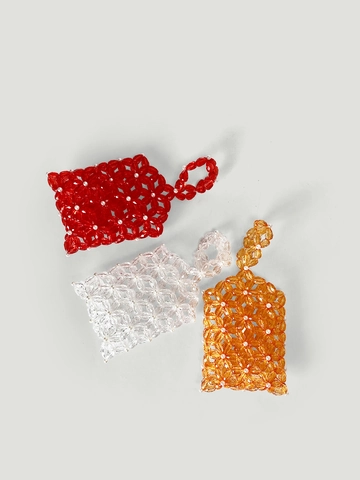 Handmade Acrylic Beaded Flower Mini Handbag With Satin Drawstring Inner Bag Artificial Pearl Woven Small Purse For Women Wedding Party Banquet