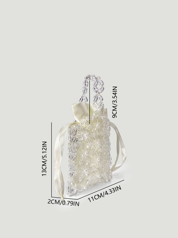 Handmade Acrylic Beaded Flower Mini Handbag With Satin Drawstring Inner Bag Artificial Pearl Woven Small Purse For Women Wedding Party Banquet