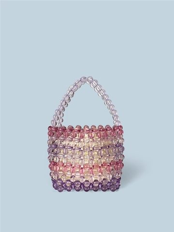 Borsa a Mano con Perline Fatta a Mano Acrilico Trasparente Arcobaleno Sfumato Tessuto Mini Secchiello per Donna Moda Festa