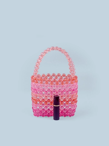 Borsa a Mano con Perline Fatta a Mano Acrilico Trasparente Arcobaleno Sfumato Tessuto Mini Secchiello per Donna Moda Festa
