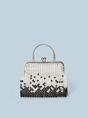 Borsa da Sera a Mano con Perline Bianche e Nere Intrecciate Donna Manico in Lega Vintage Borsa in Perline Acriliche per Feste