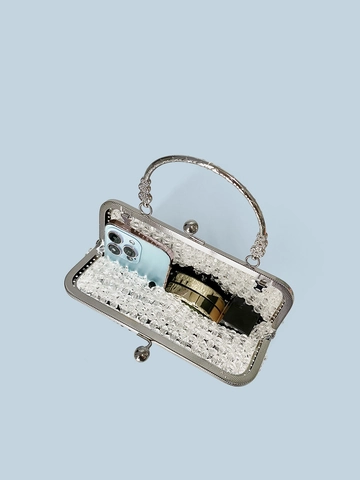 Borsa da Sera a Mano con Perline Bianche e Nere Intrecciate Donna Manico in Lega Vintage Borsa in Perline Acriliche per Feste