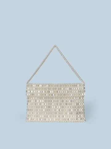 Womens Fashion Acrylic Beaded Woven Handbag Metallic Sequin Underarm Bag With Flap Vintage Style Party Banquet Tote Bag