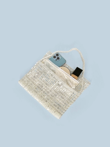 Womens Fashion Acrylic Beaded Woven Handbag Metallic Sequin Underarm Bag With Flap Vintage Style Party Banquet Tote Bag