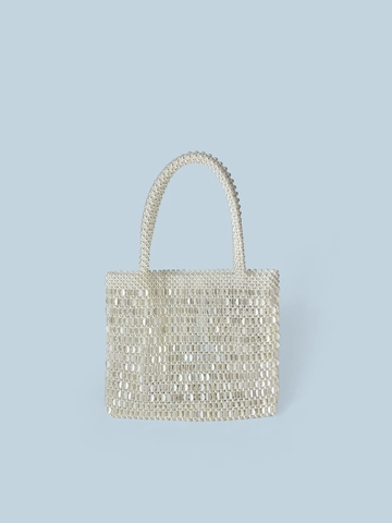 Handmade Woven Beaded Pearl Handbag Vintage Sequin Tote Bag For Women Elegant Evening Party Wedding Clutch Square Hand Bag