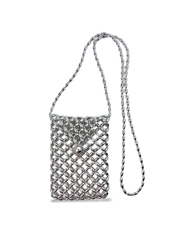 Silver Beaded Mini Crossbody Bag Hollow Out Woven Phone Pouch Lightweight Shiny Metallic Fashion Bag For Women