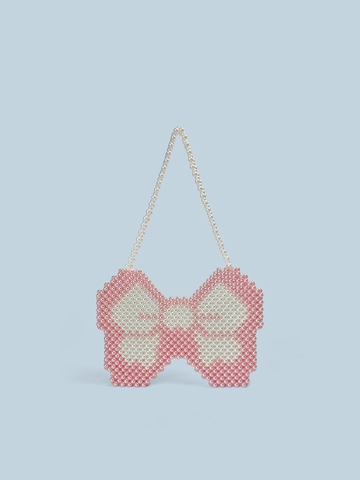 Handmade Beaded Shoulder Bag Acrylic Pink White Imitation Artificial Pearl Bow Shape Butterfly Design Y2K Niche Women Baguette Bag