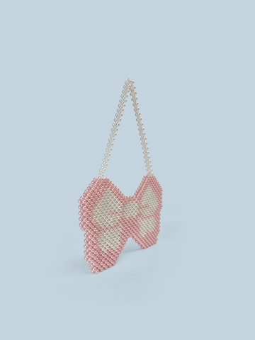 Handmade Beaded Shoulder Bag Acrylic Pink White Imitation Artificial Pearl Bow Shape Butterfly Design Y2K Niche Women Baguette Bag