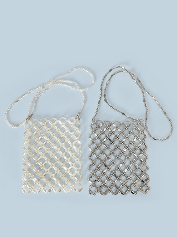 Borsa a Tracolla Intrecciata a Mano con Perline per Donna Moda Perle Argento Metallizzato Mini Borsa a Spalla per Cellulare con Fodera in Raso