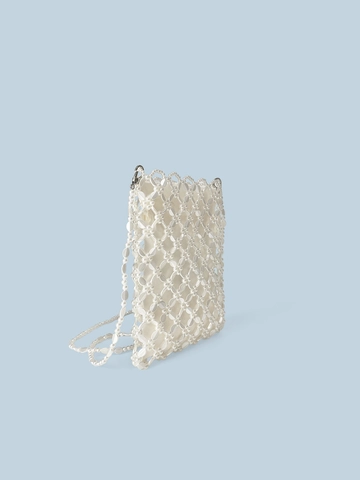 Borsa a Tracolla Intrecciata a Mano con Perline per Donna Moda Perle Argento Metallizzato Mini Borsa a Spalla per Cellulare con Fodera in Raso
