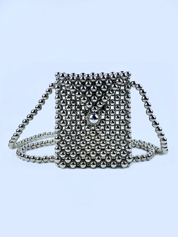 Silver Beaded Mini Crossbody Bag Handmade Electroplated Plastic Bead Shoulder Bag For Women Summer Fashion Accessory