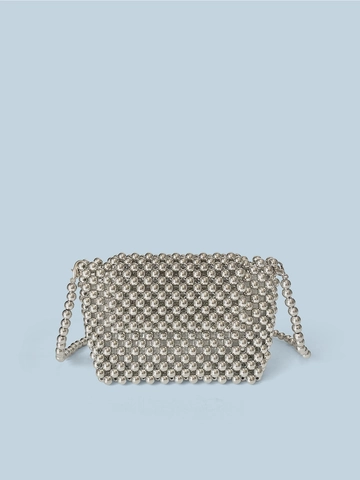 Silver Beaded Crossbody Bag For Women Handcrafted Metallic Luster Small Square Flap Handbag Retro Elegant Evening Purse
