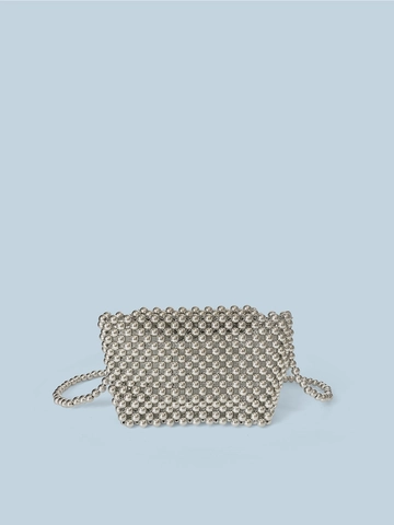 Silver Beaded Crossbody Bag For Women Handcrafted Metallic Luster Small Square Flap Handbag Retro Elegant Evening Purse