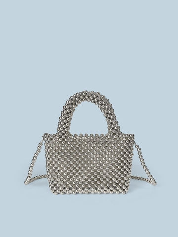 Damen Silber Perlen Handgemachte Tasche Metallic Gewebt Henkeltasche Umhängetasche Mit Schultergurt Für Party Abend