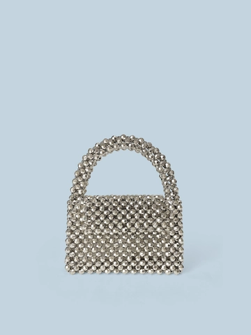 Hand Woven Beaded Handbag For Women Silver Acrylic Metallic Finish Envelope Phone Bag Minimalist Small Square Evening Party Bag