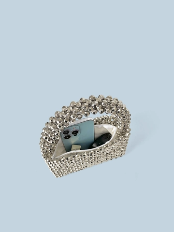 Hand Woven Beaded Handbag For Women Silver Acrylic Metallic Finish Envelope Phone Bag Minimalist Small Square Evening Party Bag