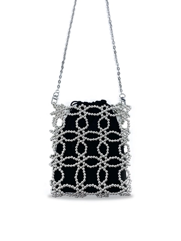 Silver Beaded Crossbody Bag Woven Hollow Geometric Handbag With Drawstring Pouch And Chain Strap For Women Fashion