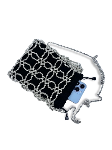 Silver Beaded Crossbody Bag Woven Hollow Geometric Handbag With Drawstring Pouch And Chain Strap For Women Fashion