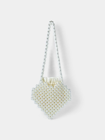 Damen Elegant Herzform Handgefertigt Künstliche Perle Handtasche Off White Satin Kordelzug Schultertasche Für Hochzeit Party Geschenk