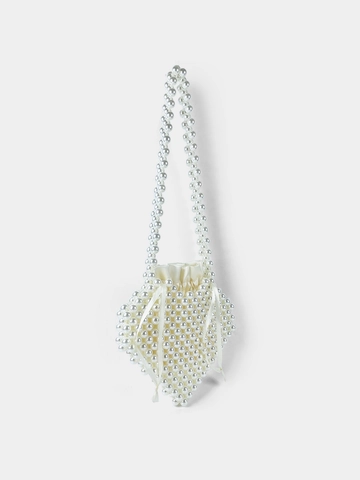 Damen Elegant Herzform Handgefertigt Künstliche Perle Handtasche Off White Satin Kordelzug Schultertasche Für Hochzeit Party Geschenk