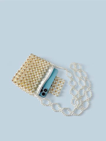 Borsa a Tracolla in Künstliche Perle Sintetiche Fatta a Mano Vintage Francese Per Donna Lusso Oro Crema Scacchiera Intrecciata Mini Borsa