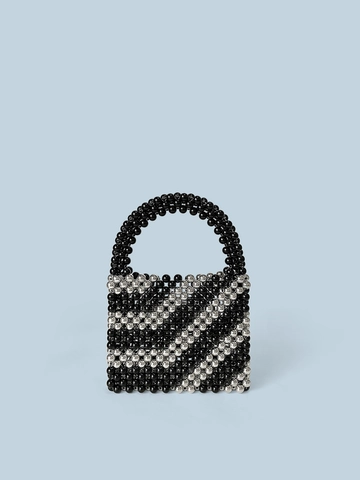 Handgefertigte Perlenhandtasche Schwarz Silber Gestreift Vintage Elegant Abendtasche Damen Mini Eimertasche Mode Accessoire