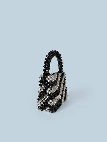 Handgefertigte Perlenhandtasche Schwarz Silber Gestreift Vintage Elegant Abendtasche Damen Mini Eimertasche Mode Accessoire