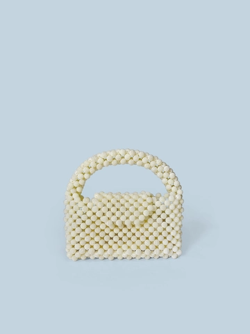 Handmade Beaded Handbag Faux Artificial Pearl Woven Purse Elegant Vintage Small Square Tote Bag For Women Creamy White