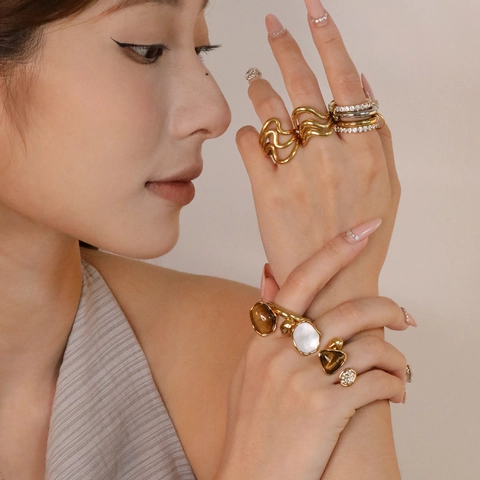 Roestvrij Staal Vergulde Onregelmatige Open Ringen Met Tijgeroog Steen Schelp Zirkoon Vintage Geometrisch Voor Dames