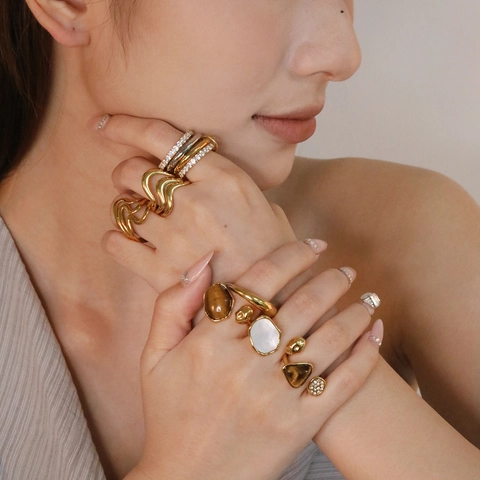 Roestvrij Staal Vergulde Onregelmatige Open Ringen Met Tijgeroog Steen Schelp Zirkoon Vintage Geometrisch Voor Dames
