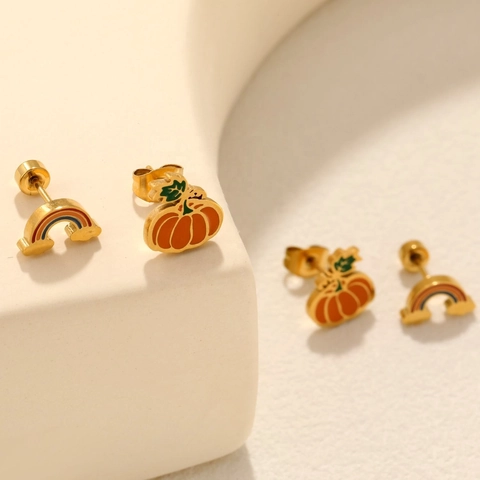 Edelstahl Emaille Kürbis Regenbogen Stecker Reifen Ohrringe Gold Silber Plattiert Tropföl Schmuck Für Damen Halloween Geschenk