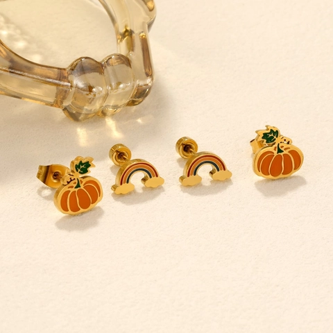 Edelstahl Emaille Kürbis Regenbogen Stecker Reifen Ohrringe Gold Silber Plattiert Tropföl Schmuck Für Damen Halloween Geschenk