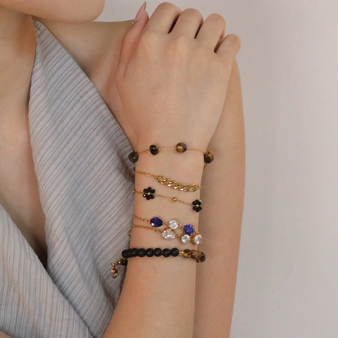 Bracelet En Acier Inoxydable Pour Femmes Plaqué Or Pierre Oeil De Tigre Perles Zircon Fleur Goutte Deau Design Accessoire