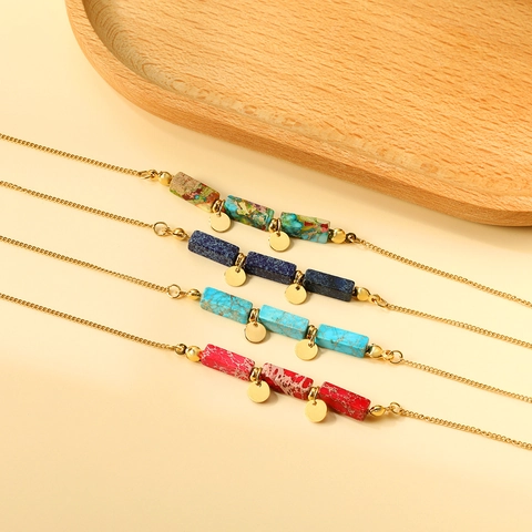 Retro Bohemian Anklet Stainless Steel Gold Plated Rectangular Stone Beads Round Disc Charms Heart Pendant Adjustable Jewelry For Women
